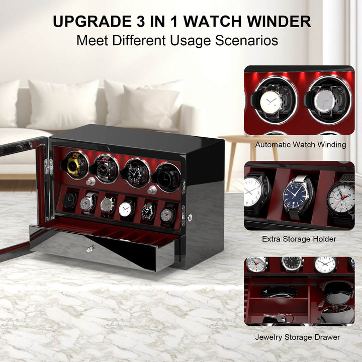 Compact 4 Watch Winder with 6 Watch Storage Space White Led Light