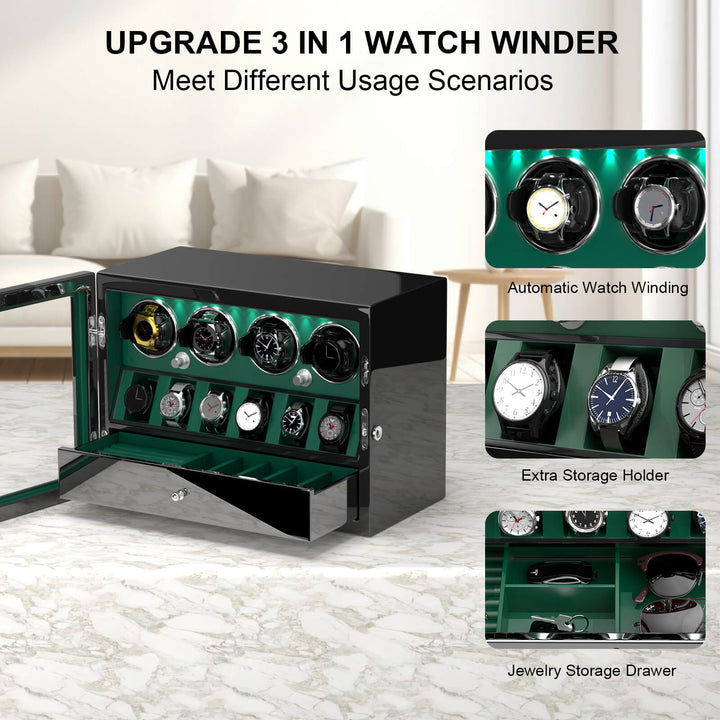 Compact 4 Watch Winder with 6 Watch Storage Space White Led Light