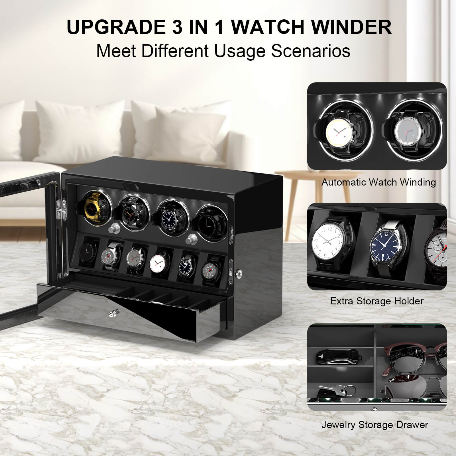 Compact 4 Watch Winders for Automatic Watches with 6 Watches Organizer Display Case - Black