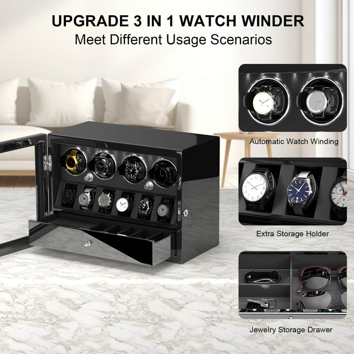 Compact 4 Watch Winder with 6 Watch Storage Space White Led Light