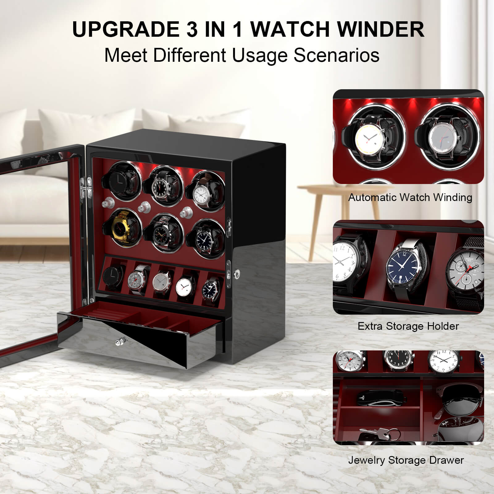 Kompakter Uhrenbeweger für 6 Uhren mit großem Stauraum für 5 Uhren – Rot