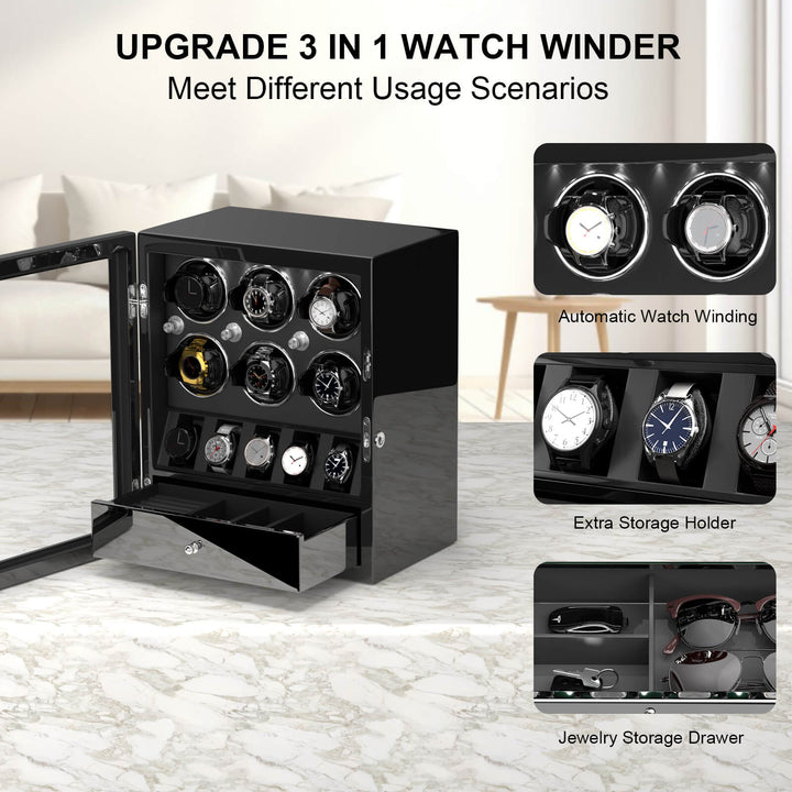 Compact 6 Watch Winder with 5 Extra Watches Storage Case