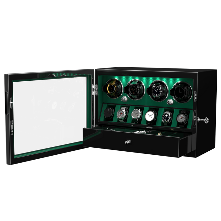 Compact 4 Watch Winder with 6 Watch Storage Space White Led Light