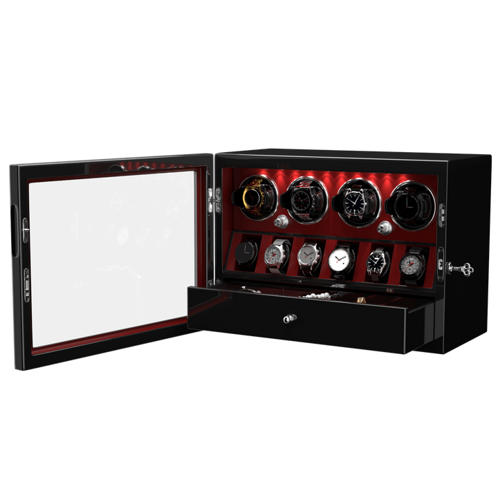 Compact 4 Watch Winder with 6 Watch Storage Space White Led Light