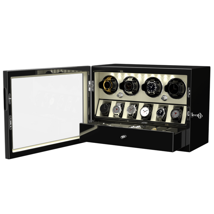 Compact 4 Watch Winder with 6 Watch Storage Space White Led Light
