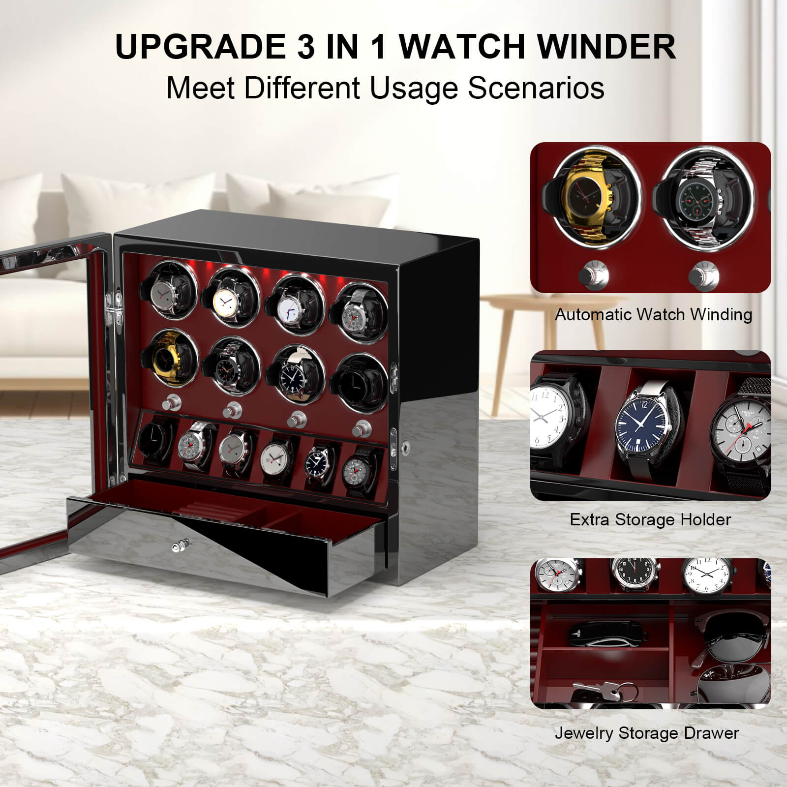 Compact 8 Watch Winders with 6 Watches Organizer Case Automatic Rotation - Red