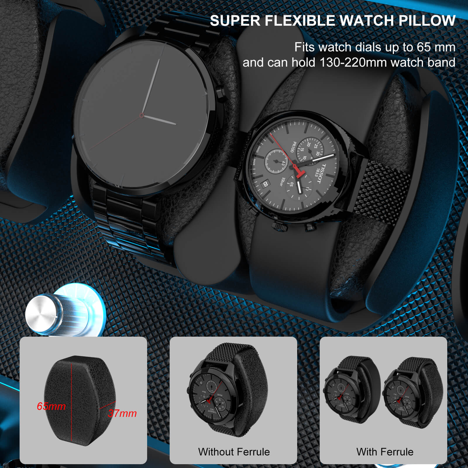 4 Watch Winders for Automatic Watches with 4 Extra Storage Aurora Blue LED Light - Black