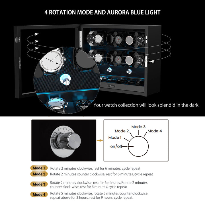 Remontoirs de montres de grande capacité avec espace de rangement supplémentaire, lumière LED bleue Aurora