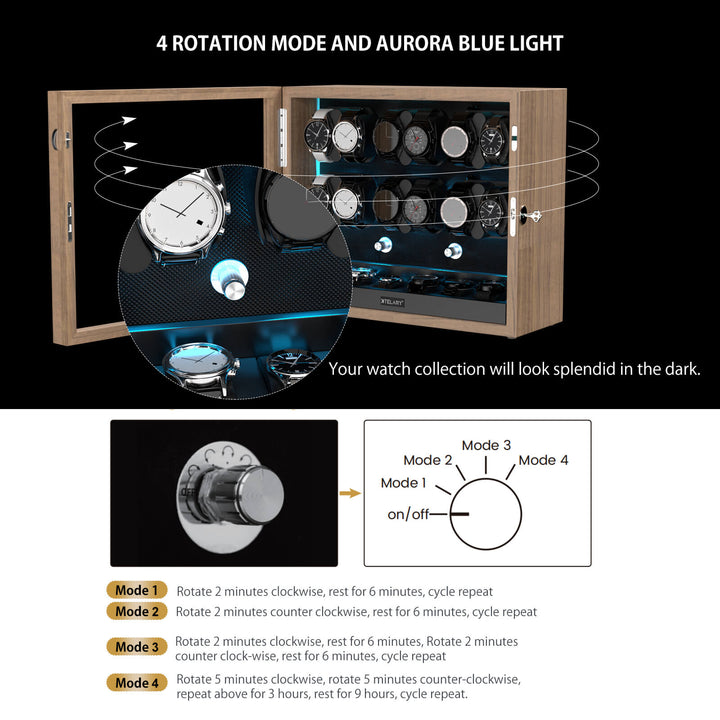 Remontoirs de montres de grande capacité avec espace de rangement supplémentaire, lumière LED bleue Aurora