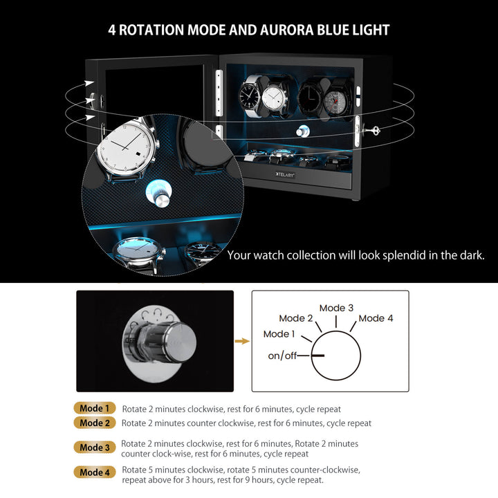 Remontoirs de montres de grande capacité avec espace de rangement supplémentaire, lumière LED bleue Aurora