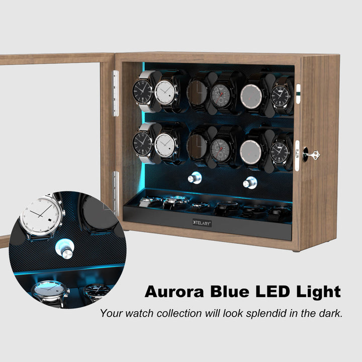 Remontoirs de montres de grande capacité avec espace de rangement supplémentaire, lumière LED bleue Aurora