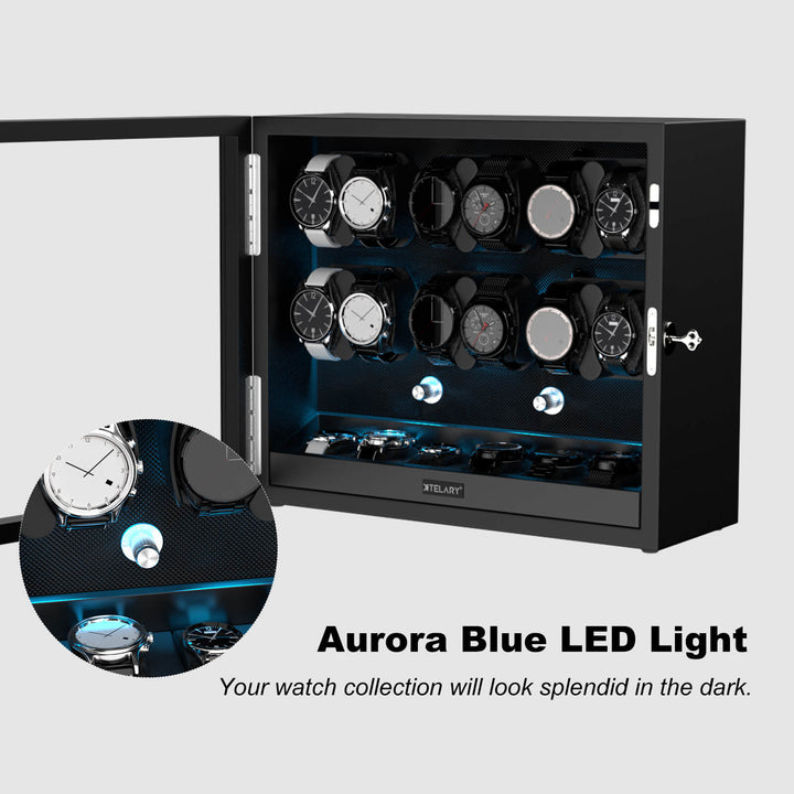Remontoirs de montres de grande capacité avec espace de rangement supplémentaire, lumière LED bleue Aurora