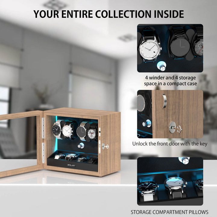 Remontoirs de montres de grande capacité avec espace de rangement supplémentaire, lumière LED bleue Aurora