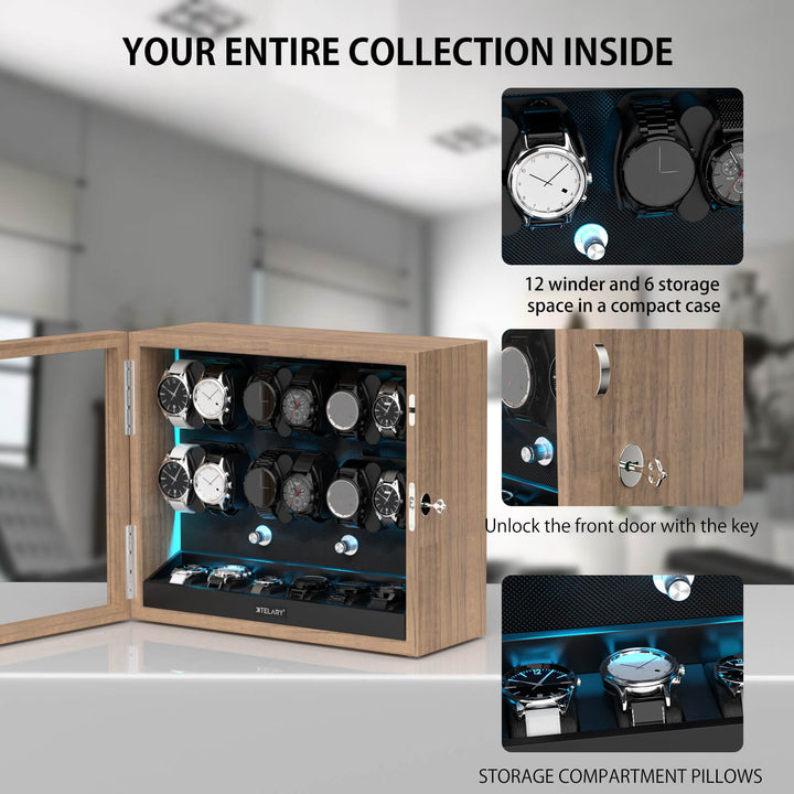 Remontoirs de montres de grande capacité avec espace de rangement supplémentaire, lumière LED bleue Aurora